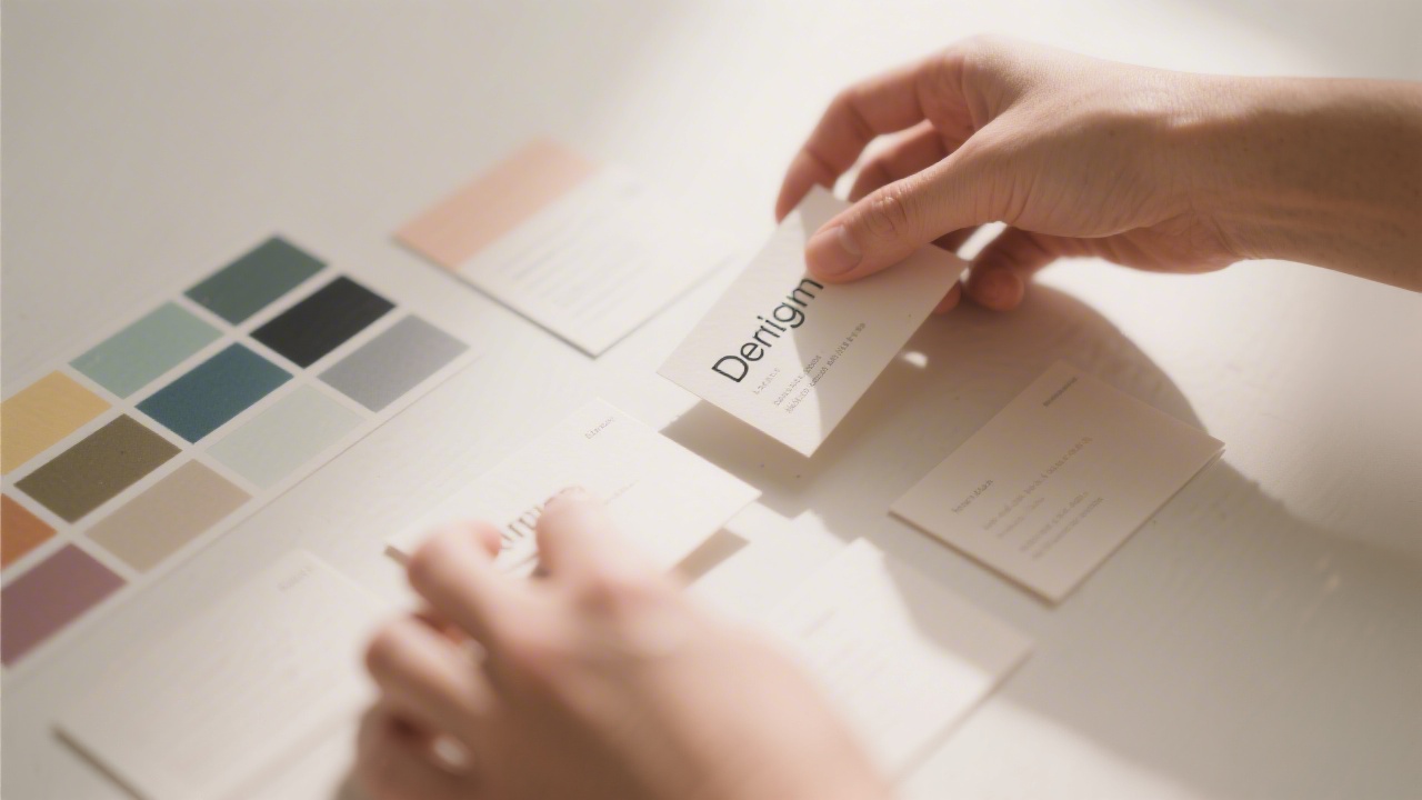 Hands arranging simple design cards with typography and color samples, soft lighting, minimal materials, representing focus on clarity and brand consistency.