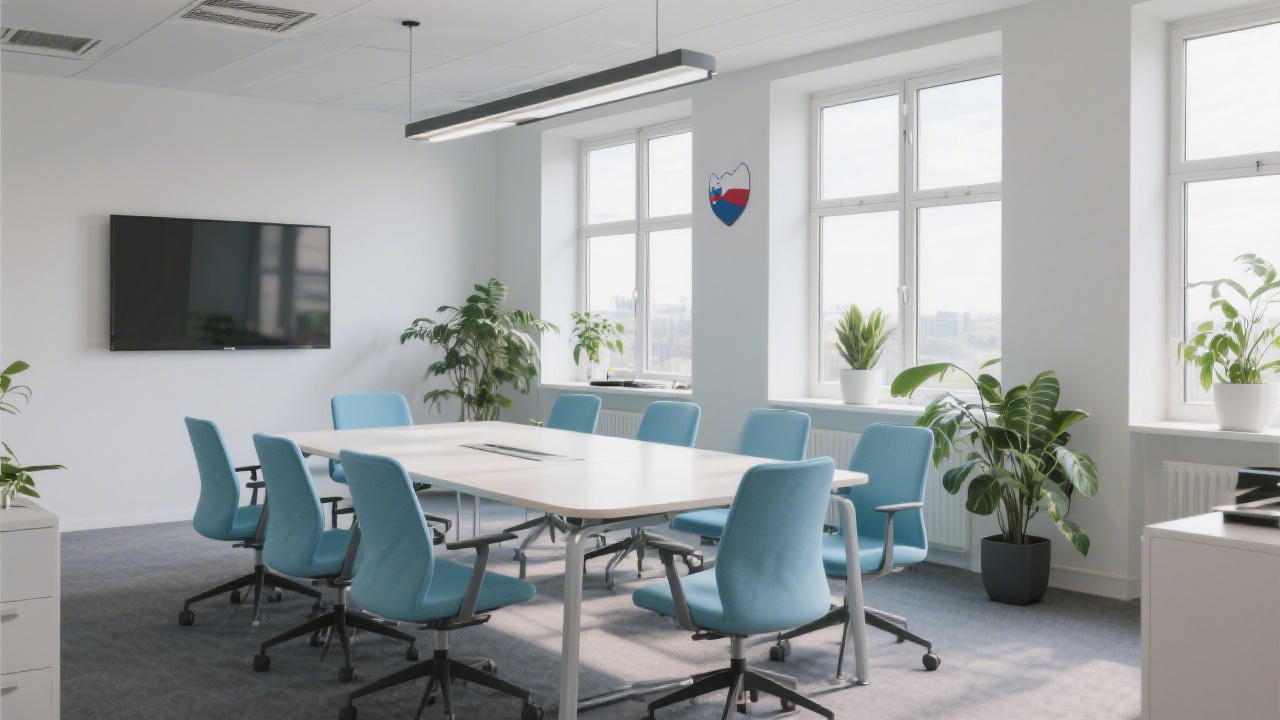 Modern office interior with meeting table, soft blue chairs, large windows and plants, representing a professional Czech workspace for client meetings.