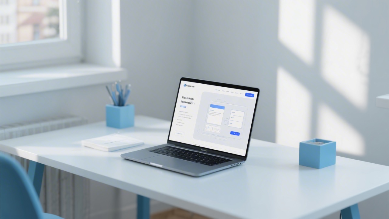Modern minimalist workspace with a laptop showing a web mockup, clean desk, subtle blue accents, bright natural light, representing fast MVP web development in Prague.